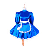 Lockable Sissy Maid Blue Satin Long Sleeve Dress with Apron for Crossdressing [G1415]