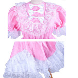 Lockable Sissy Maid Pink Satin Dress with White Lace and Puff Sleeves for Crossdressing [G1479]