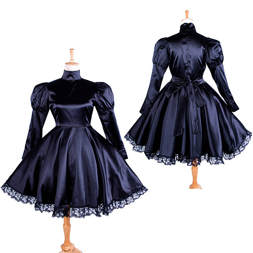Lockable Sissy Maid Crossdressing Black Satin High-Neck Dress with Lace Hem [G1364]