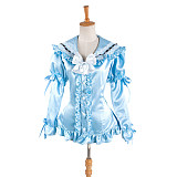 Light Blue Satin Sissy Maid Crossdressing Blouse with Lace and Bows [G1404]