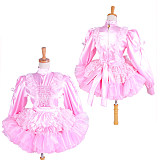 Lockable Sissy Maid Short Pink Satin Dress with Lace Apron – Crossdressing Costume [G1407]