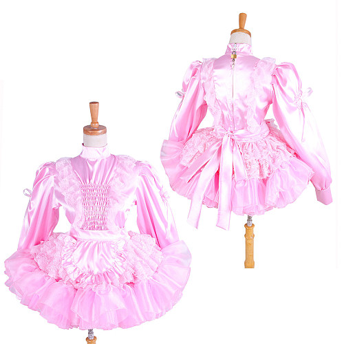 Lockable Sissy Maid Short Pink Satin Dress with Lace Apron – Crossdressing Costume [G1407]