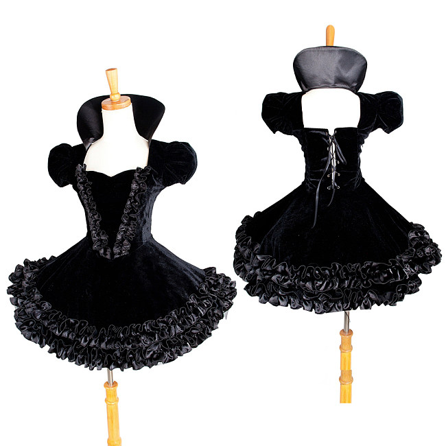 Black Velvet Gothic Lolita Dress with Puff Sleeves and Ruffle Hem [G1433]