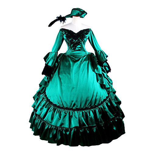 Emerald Green Satin Medieval Gown with Matching Hat – Victorian Ball Dress Cosplay Costume [G1426]