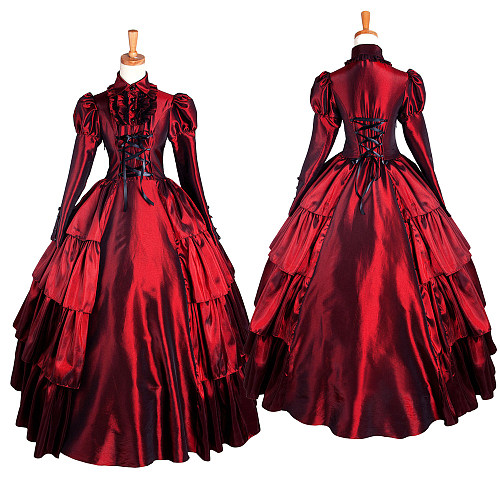 Burgundy Layered Taffeta Medieval Gown – Victorian Cosplay Ball Dress [G1434]