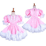 Lockable Sissy Maid Pink Satin Dress with White Lace and Puff Sleeves for Crossdressing [G1479]