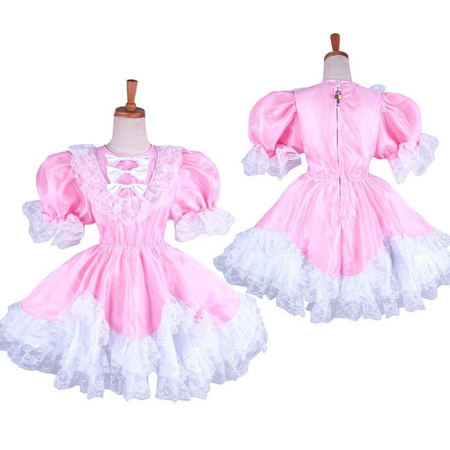 Lockable Sissy Maid Pink Satin Dress with White Lace and Puff Sleeves for Crossdressing [G1479]