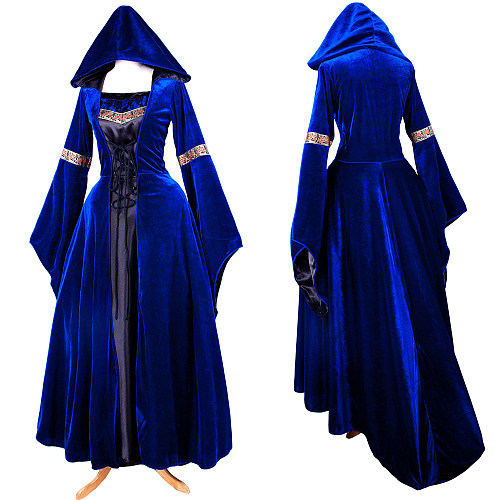 Royal Blue Velvet Medieval Gown with Hood Renaissance Cosplay Dress [G1425]