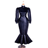 Lockable Sissy Maid Crossdressing Black Faux Leather Top & Mermaid Skirt Set [G1365]