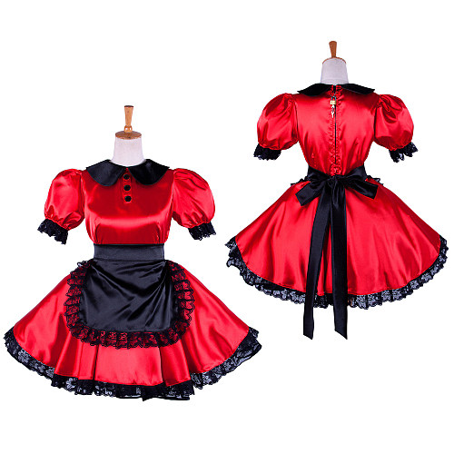 Lockable Sissy Maid Crossdressing Red Satin Dress with Black Lace Apron [G1362]