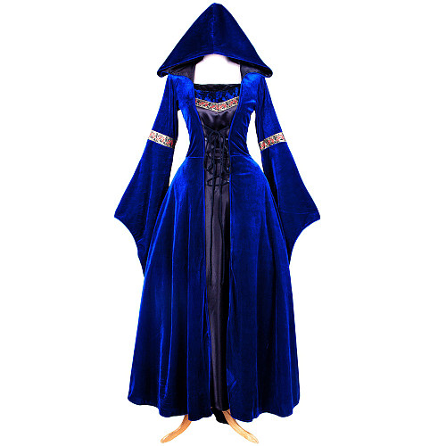 Royal Blue Velvet Medieval Gown with Hood Renaissance Cosplay Dress [G1425]