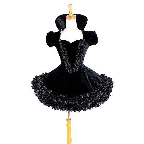 Black Velvet Gothic Lolita Dress with Puff Sleeves and Ruffle Hem [G1433]