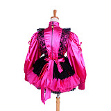 Lockable Sissy Maid Short Hot Pink Satin Dress with Black Lace Apron – Crossdressing Costume [G1408]