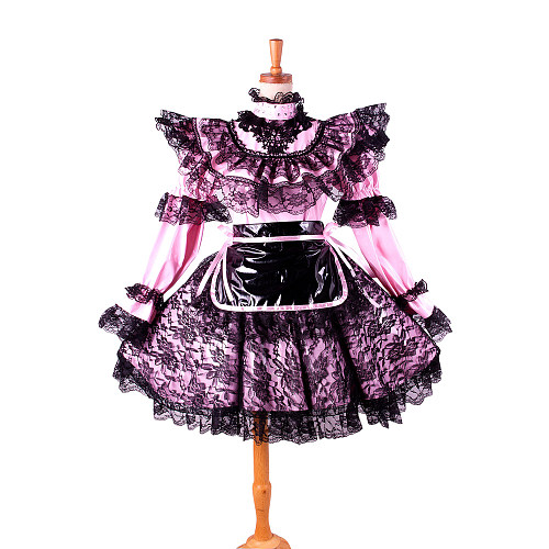 Lockable Sissy Maid Pink Thin PVC Dress with Black Lace and Apron for Crossdressing [G1422]
