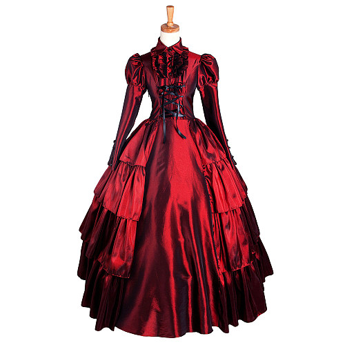 Burgundy Layered Taffeta Medieval Gown – Victorian Cosplay Ball Dress [G1434]