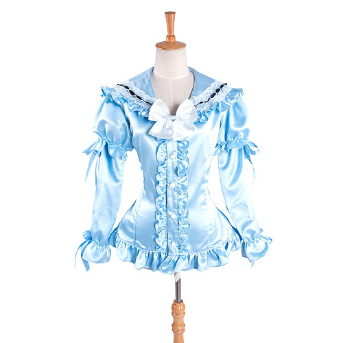 Light Blue Satin Sissy Maid Crossdressing Blouse with Lace and Bows [G1404]
