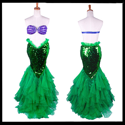 Sequin Mermaid Skirt – Green Layered Ruffle Tail Cosplay Skirt Only [G1409]