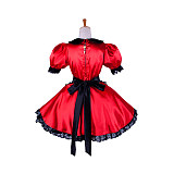 Lockable Sissy Maid Crossdressing Red Satin Dress with Black Lace Apron [G1362]