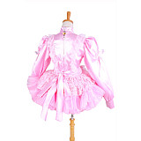 Lockable Sissy Maid Short Pink Satin Dress with Lace Apron – Crossdressing Costume [G1407]