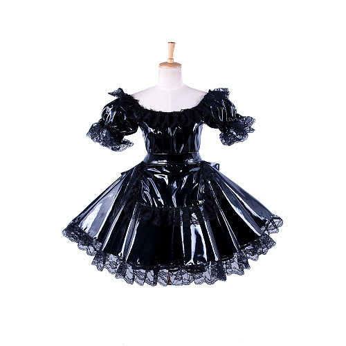 Black PVC Sissy Maid Crossdressing Short Dress with Lace Trim [G1414]
