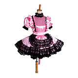 Lockable Pink Satin Sissy Maid Dress with Black Lace & Arm Sleeves – Crossdressing Costume [G1402]