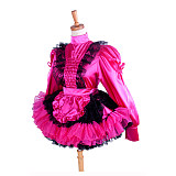 Lockable Sissy Maid Short Hot Pink Satin Dress with Black Lace Apron – Crossdressing Costume [G1408]