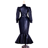 Lockable Sissy Maid Crossdressing Black Faux Leather Top & Mermaid Skirt Set [G1365]