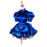 Lockable Sissy Maid Blue Satin Short Sleeve Dress with Black Lace and Apron for Crossdressing [G1423]