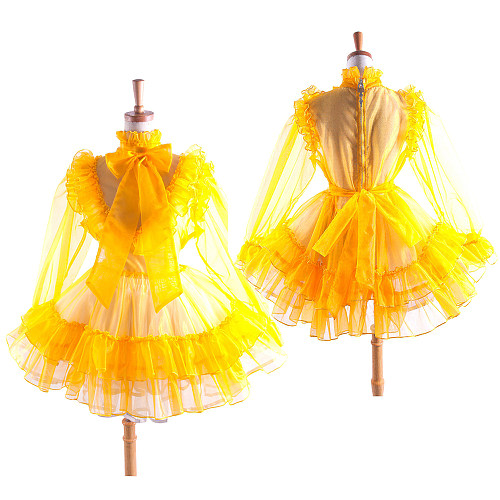 Lockable Sissy Maid Crossdressing Yellow Sheer Organza Ruffled Dress [G1367]