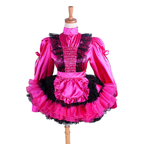 Lockable Sissy Maid Short Hot Pink Satin Dress with Black Lace Apron – Crossdressing Costume [G1408]