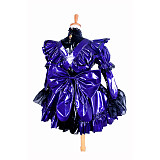 Lockable Shiny Purple & Black Thin PVC Sissy Maid Crossdressing Dress with Oversized Bow [G1405]