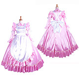 Lockable Sissy Maid Long Satin Dress with White Apron – Crossdressing Princess Gown [G1406]