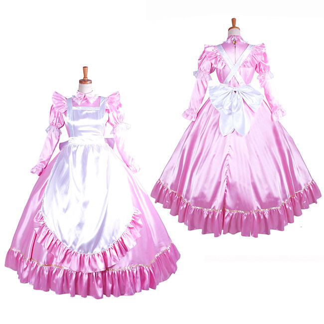 Lockable Sissy Maid Long Satin Dress with White Apron – Crossdressing Princess Gown [G1406]