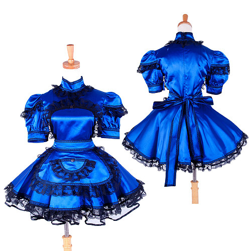 Lockable Sissy Maid Blue Satin Short Sleeve Dress with Black Lace and Apron for Crossdressing [G1423]