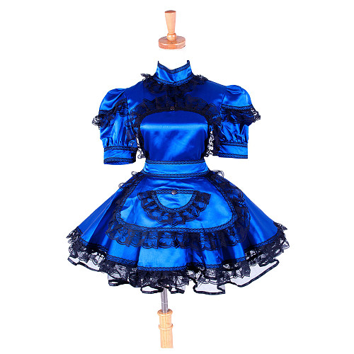 Lockable Sissy Maid Blue Satin Short Sleeve Dress with Black Lace and Apron for Crossdressing [G1423]