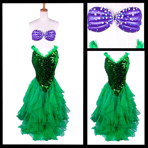 Sequin Mermaid Skirt – Green Layered Ruffle Tail Cosplay Skirt Only [G1409]