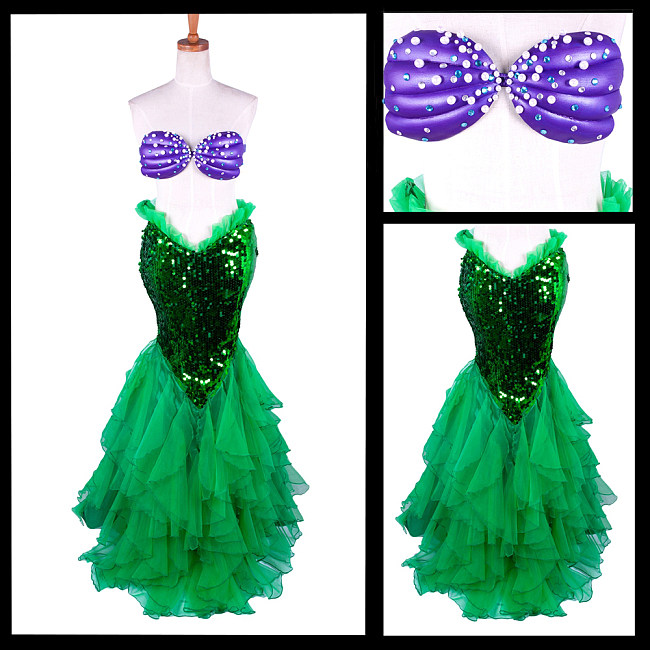 Sequin Mermaid Skirt – Green Layered Ruffle Tail Cosplay Skirt Only [G1409]