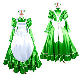 Lockable Sissy Maid Green Satin Long Dress with White Apron for Crossdressing [G1483]