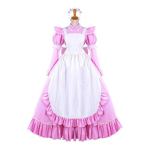 Lockable Sissy Maid Pink Thin PVC Long Dress with White Apron for Crossdressing [G1481]