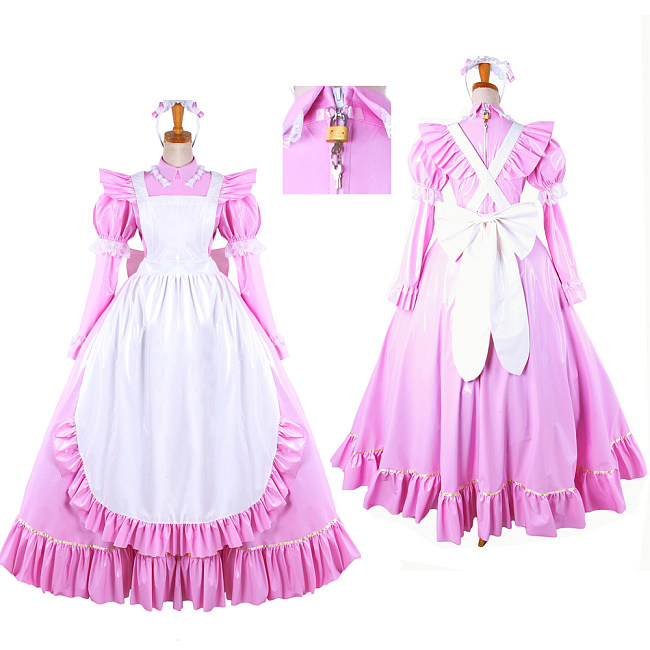 Lockable Sissy Maid Pink Thin PVC Long Dress with White Apron for Crossdressing [G1481]