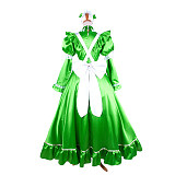 Lockable Sissy Maid Green Satin Long Dress with White Apron for Crossdressing [G1483]