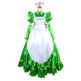 Lockable Sissy Maid Green Satin Long Dress with White Apron for Crossdressing [G1483]