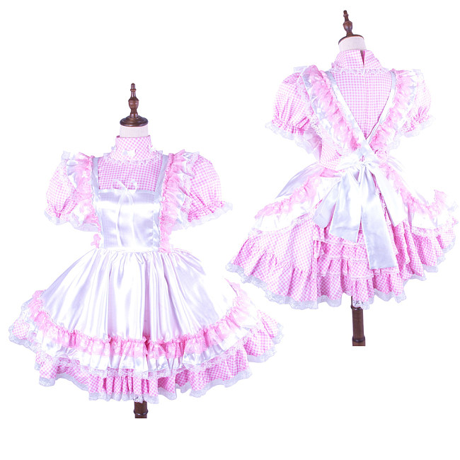 Lockable Sissy Maid Pink Cotton Gingham Dress with White Satin Apron for Crossdressing [G1490]