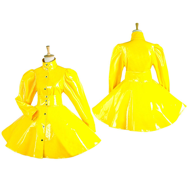 Sissy Maid Yellow Heavy PVC Dress with High Collar and Puff Sleeves for Crossdressing [G1546]