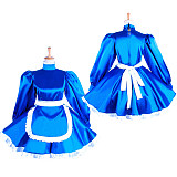 Lockable Sissy Maid Blue Satin Dress with White Apron for Crossdressing [G1551]