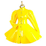 Sissy Maid Yellow Heavy PVC Dress with High Collar and Puff Sleeves for Crossdressing [G1546]