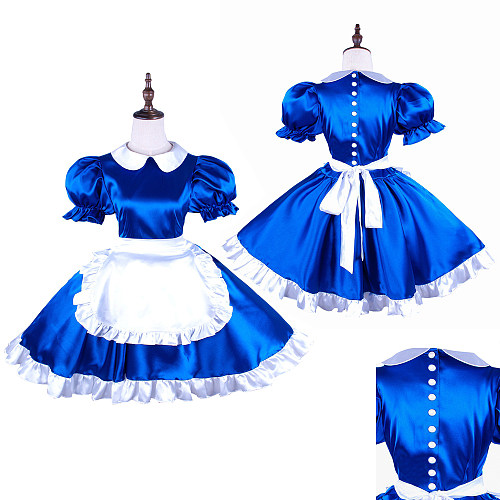 Sissy Maid Blue Satin Dress with White Apron for Crossdressing [G1492]