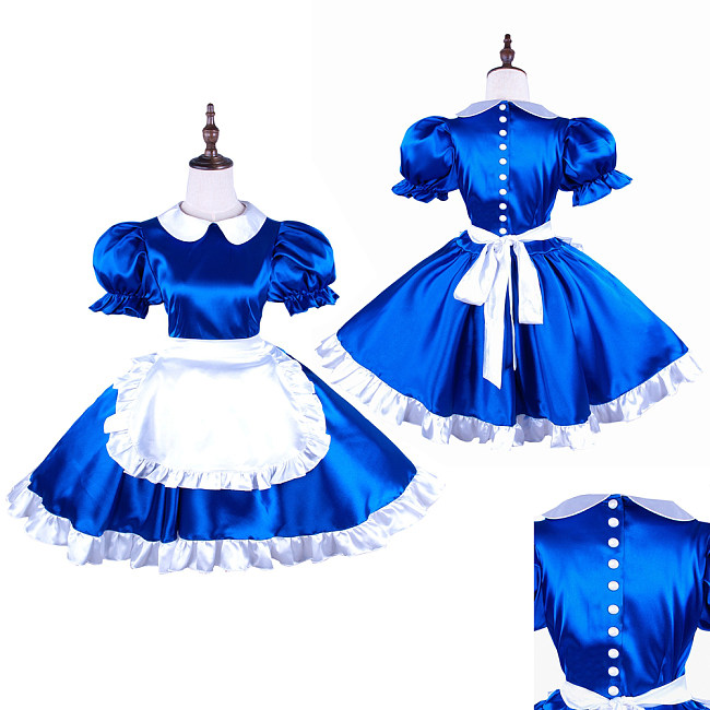 Sissy Maid Blue Satin Dress with White Apron for Crossdressing [G1492]