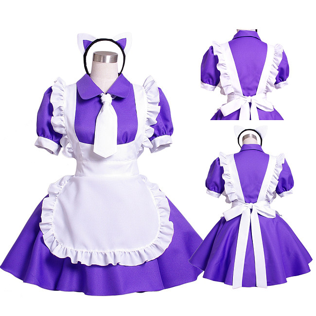 Handmade Sissy Maid Crossdressing Lockable Cotton Purple and White Dress Costume [G1567]