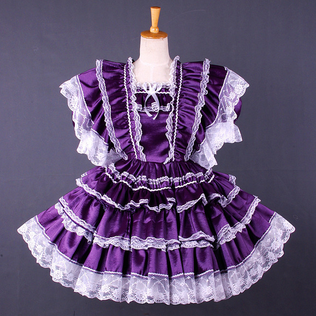 Handmade Sissy Maid Crossdressing Lockable Satin Purple Dress Costume [G1583]